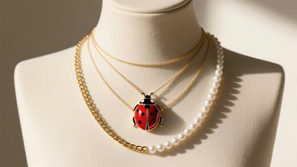 Three layered necklaces on a mannequin featuring a central red enamel ladybug pendant flanked by a delicate gold box chain and pearls