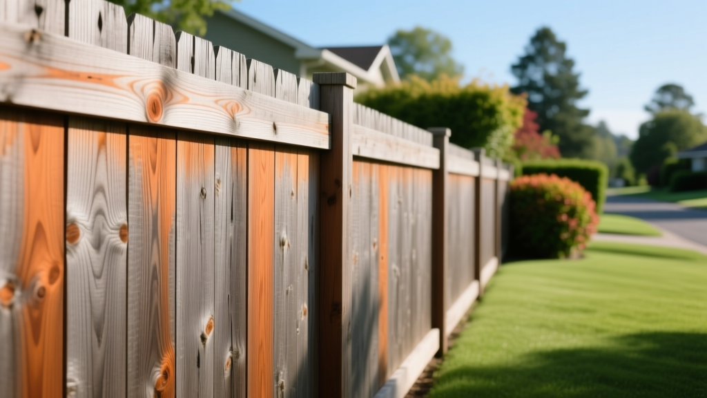 Close-up of weathered western red cedar fence boards with horizontal grain patterns installed along a lush green suburban property line