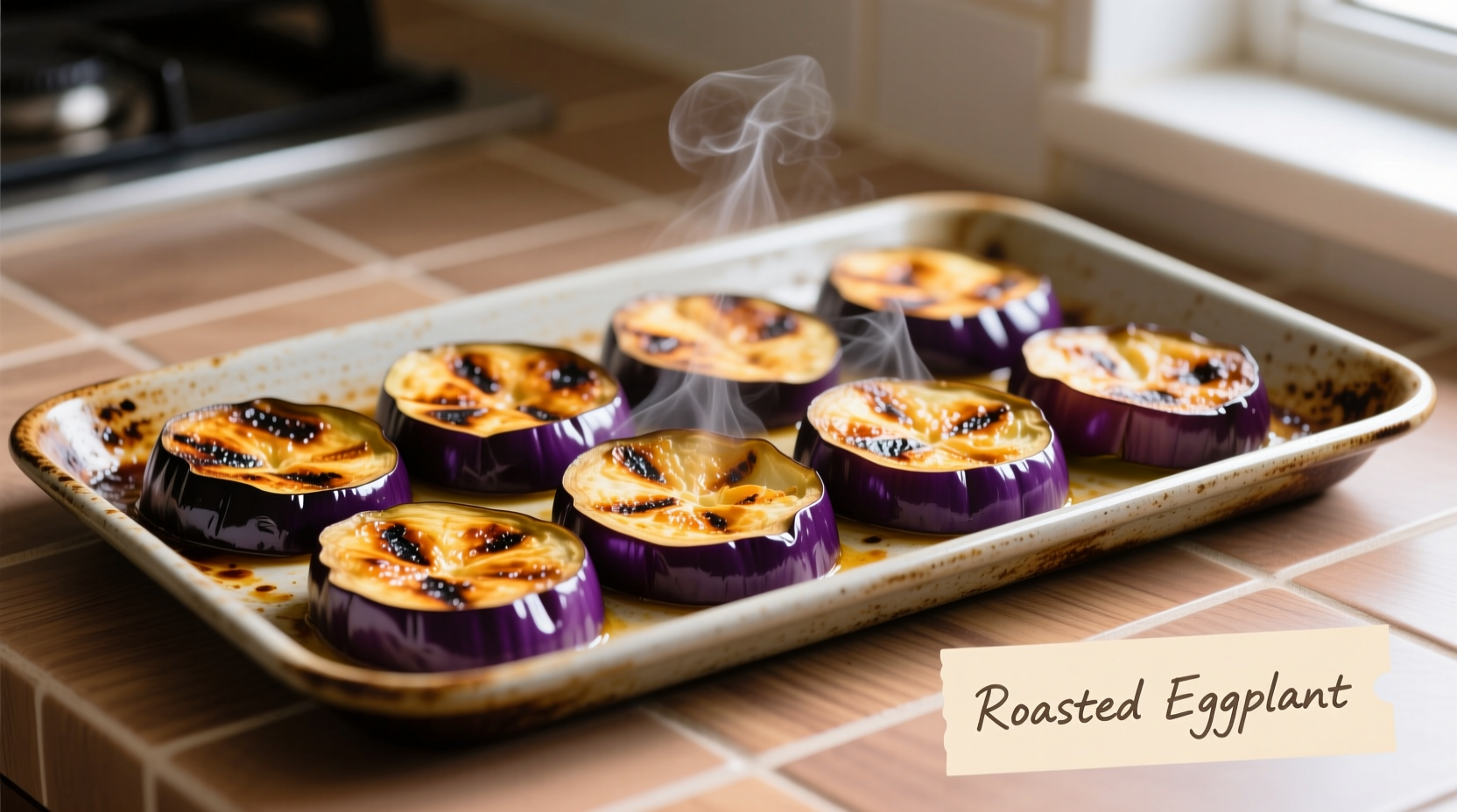 Perfectly roasted eggplant slices on baking sheet