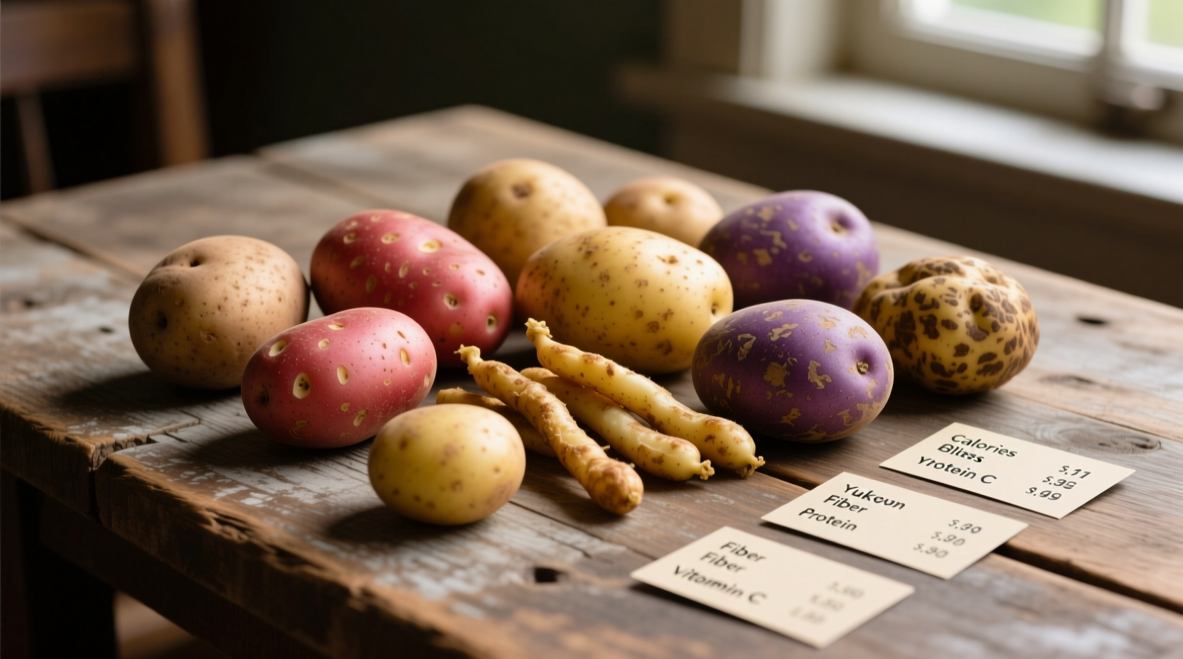 Various potato types with nutritional information