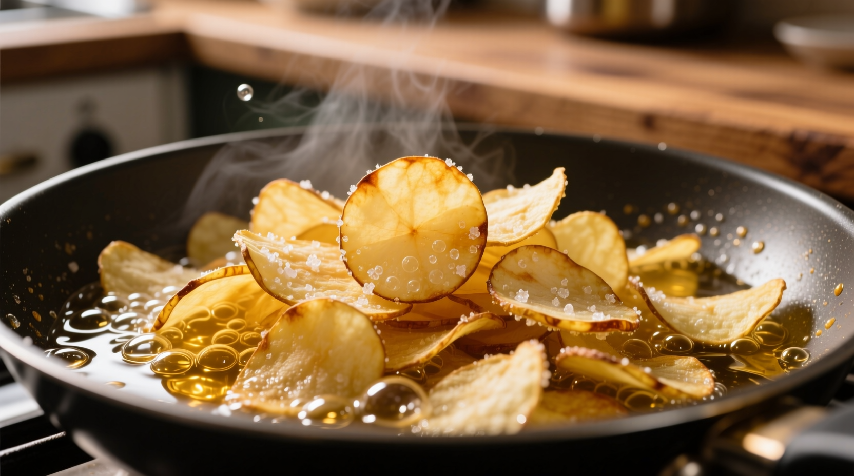 Homemade potato chips in golden frying oil