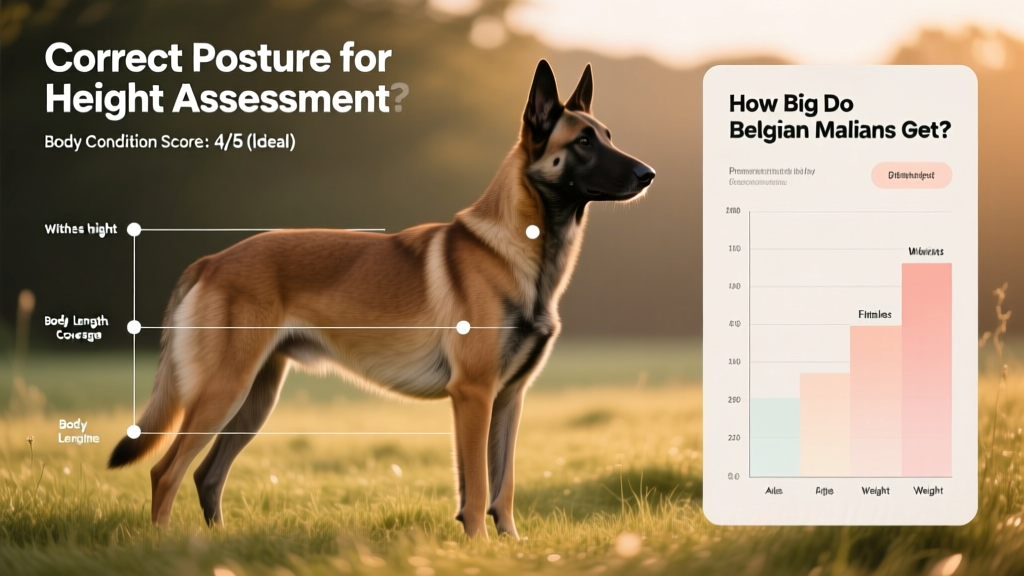 Infographic showing correct posture and measurement points for assessing a Belgian Malinois’s height and body condition score