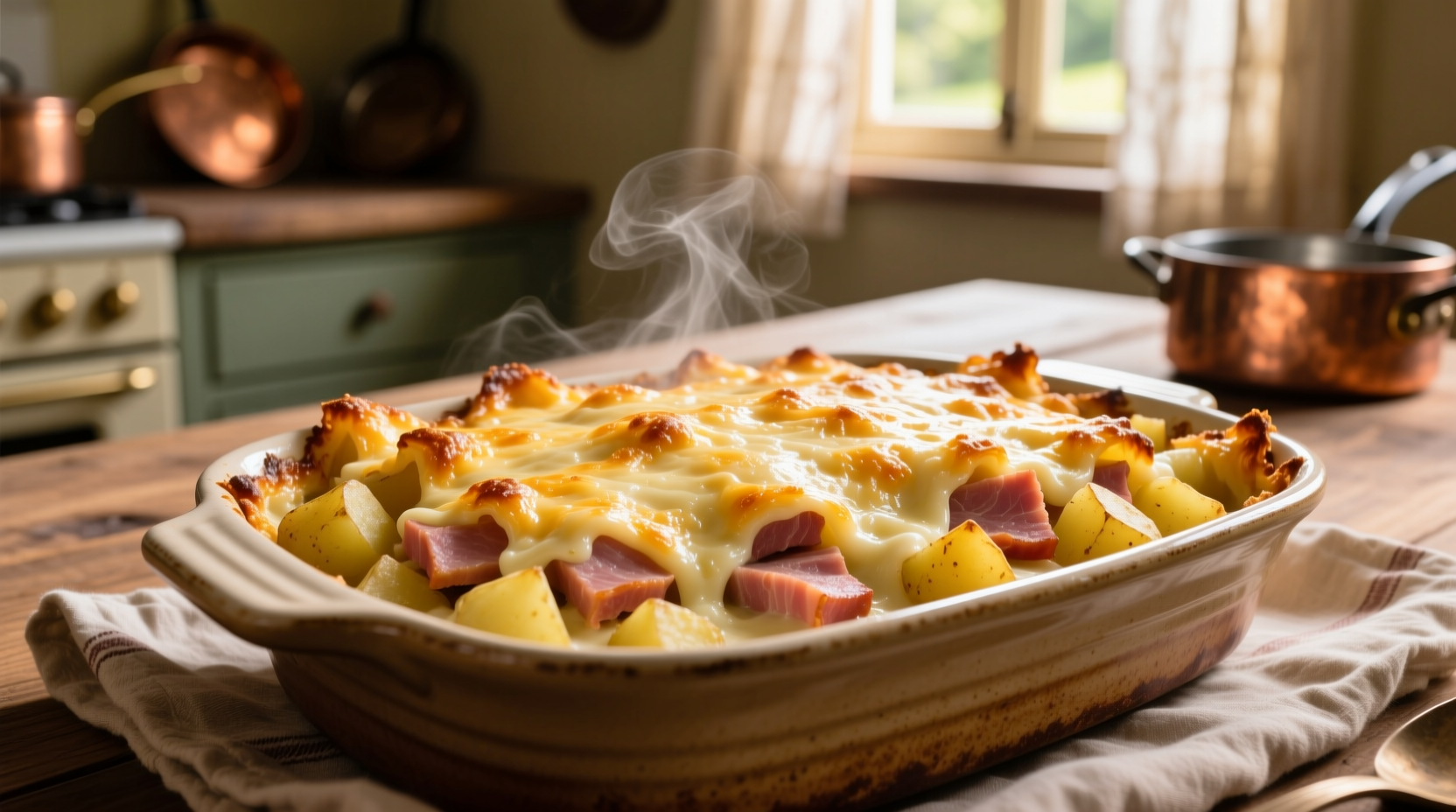 Golden baked ham and potato casserole with crispy cheese topping