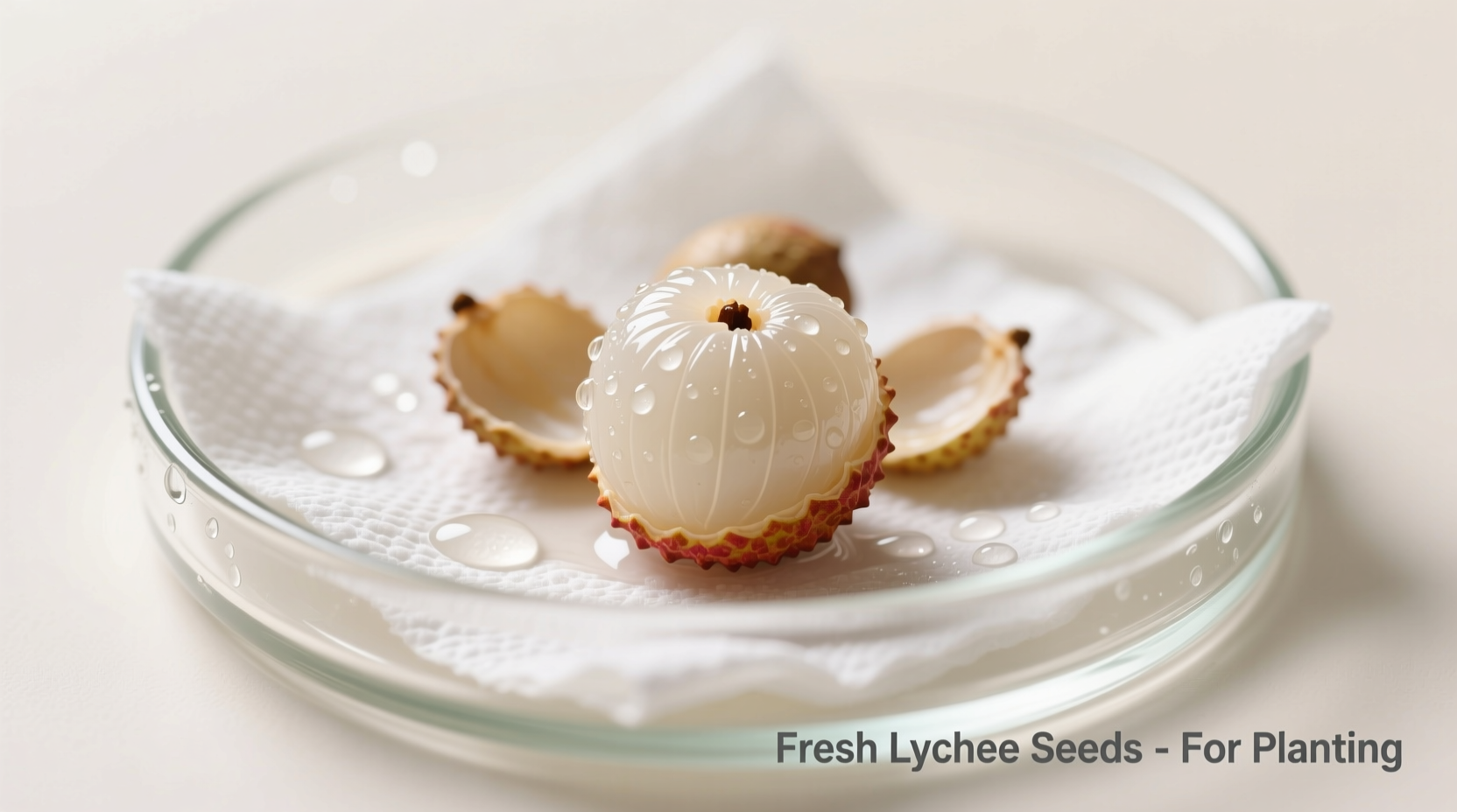 Fresh lychee seeds prepared for planting in moist paper towel