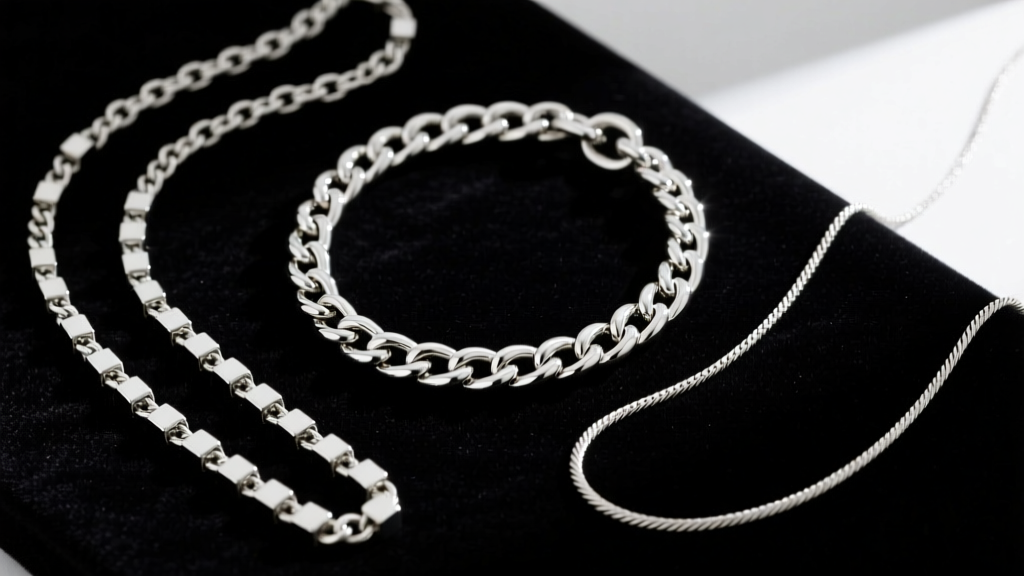 Flat lay of three untangled silver necklaces on dark velvet: a thick rolo chain, a medium figaro, and a delicate cable chain.