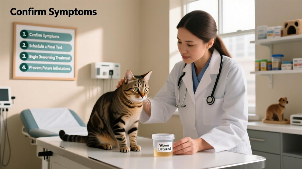Veterinarian examining a cat while holding a fecal sample container, in a clean clinic exam room