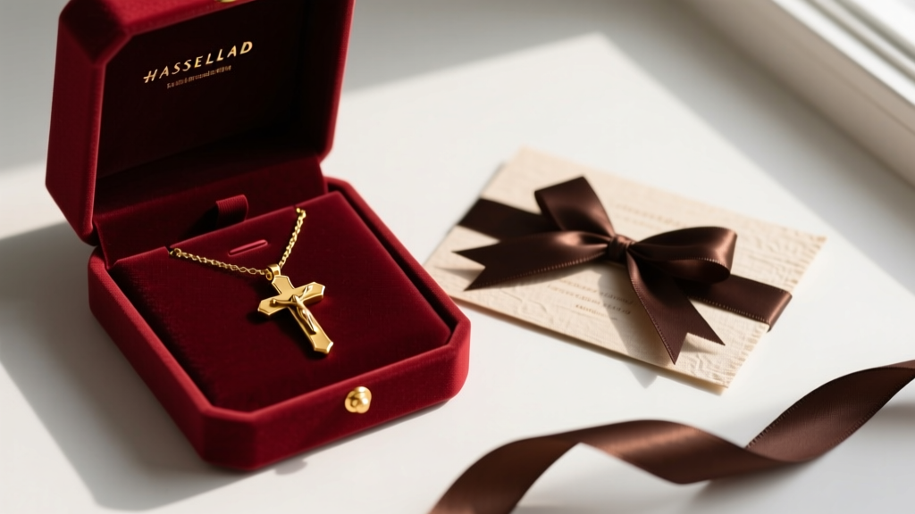 Flat lay gift box with a 14k gold vermeil crucifix necklace on velvet, next to a handwritten greeting card and dark ribbon.