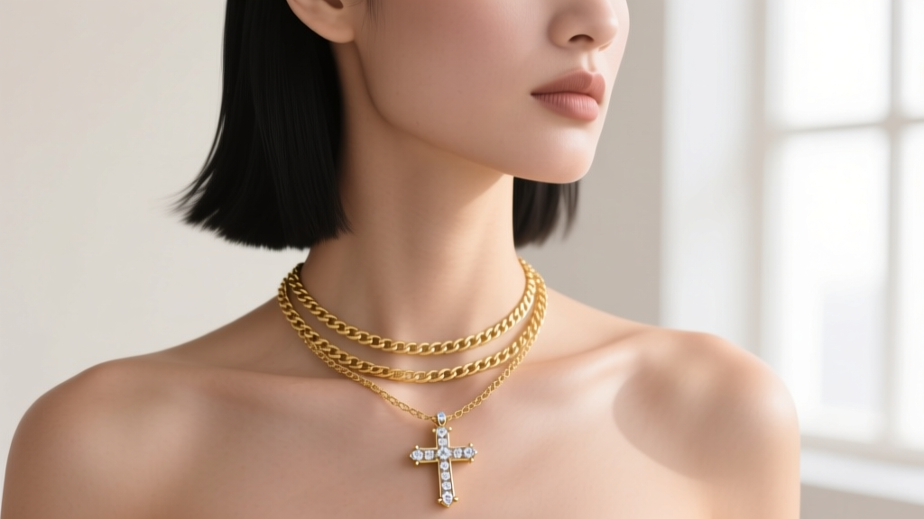 A model wearing a layered Guadalupe necklace with a 3mm gold Cuban chain and a minimalist diamond-encrusted cross pendant