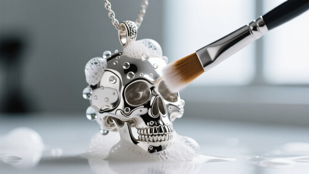 Macro shot of a soft brush cleaning silver crevices of a sugar skull pendant, showing mild soap suds and water drops on the pure silver.