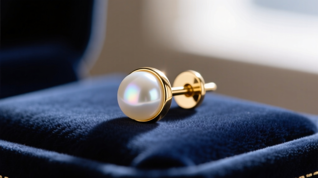 Macro shot of a 12mm round white pearl stud earring with a thick gold post and secure locking backing resting on dark navy velvet