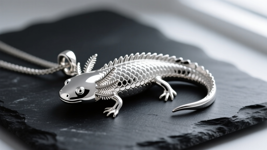 Close-up of a sterling silver axolotl pendant on dark slate, highlighting intricate gill details and a high-polish finish.
