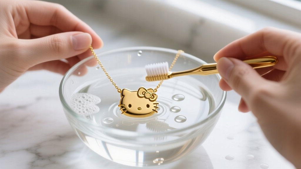 Hands cleaning a gold vermeil Hello Kitty necklace with a soft toothbrush and soapy water in a glass bowl, close-up macro shot.