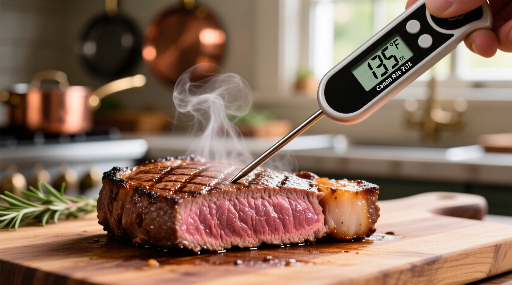 Digital thermometer checking venison steak temperature