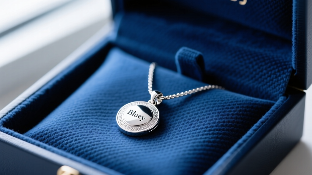 Close-up of anti-tarnish blue flannel lining inside a Bluey jewelry box, with a sterling silver pendant resting on the fabric