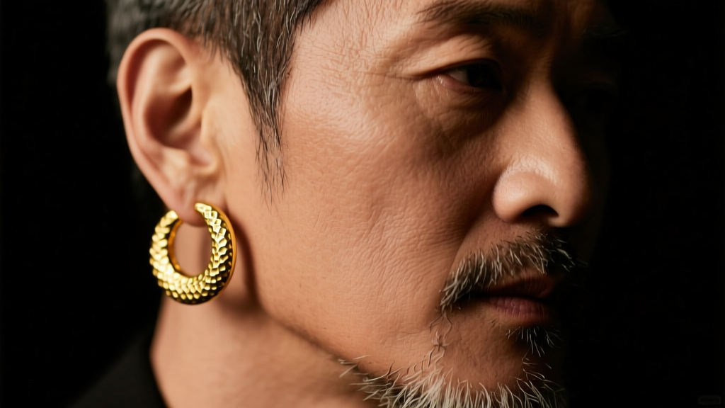 Close-up portrait of a man with a neat beard wearing a single 14k yellow gold textured hoop earring, moody studio lighting