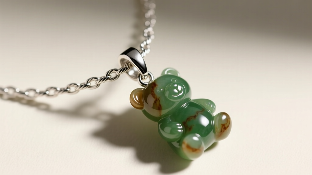 Extreme close-up of a 1.2mm sterling silver cable chain attached to a sturdy lobster clasp on a carved jade lucky bear necklace.