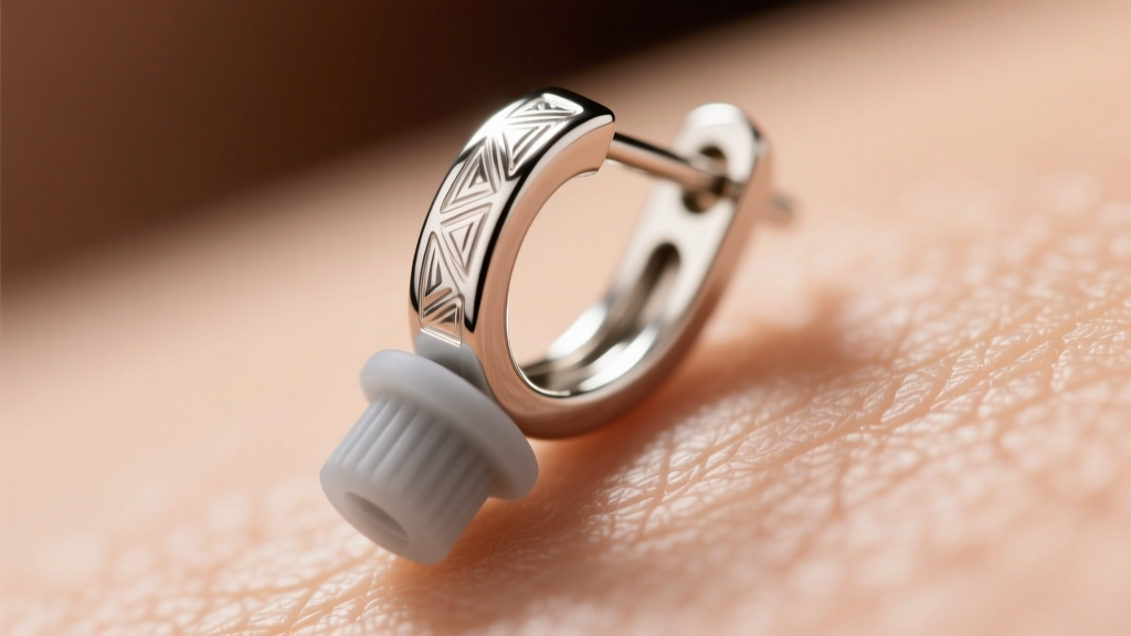 Macro shot of a 16-gauge platinum leverback earring clasp with a silicone locking stopper against a blurred skin background.
