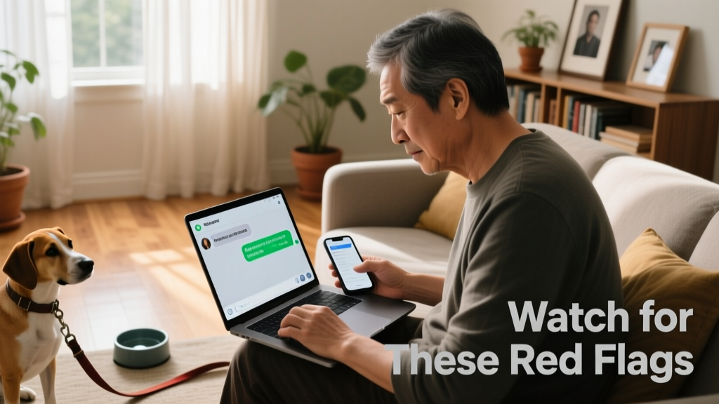 A cautious adopter reviewing a pet listing on a laptop, with a phone nearby