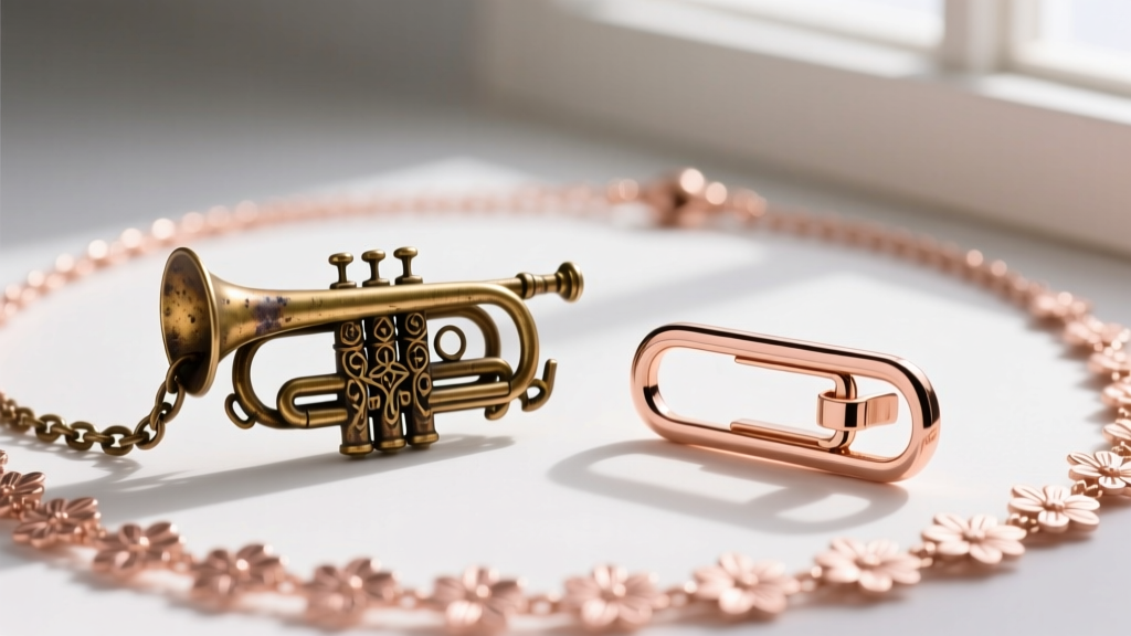 Close-up of an antique trombone clasp with safety chain beside a modern spring-ring clasp on a delicate floral rose gold necklace.