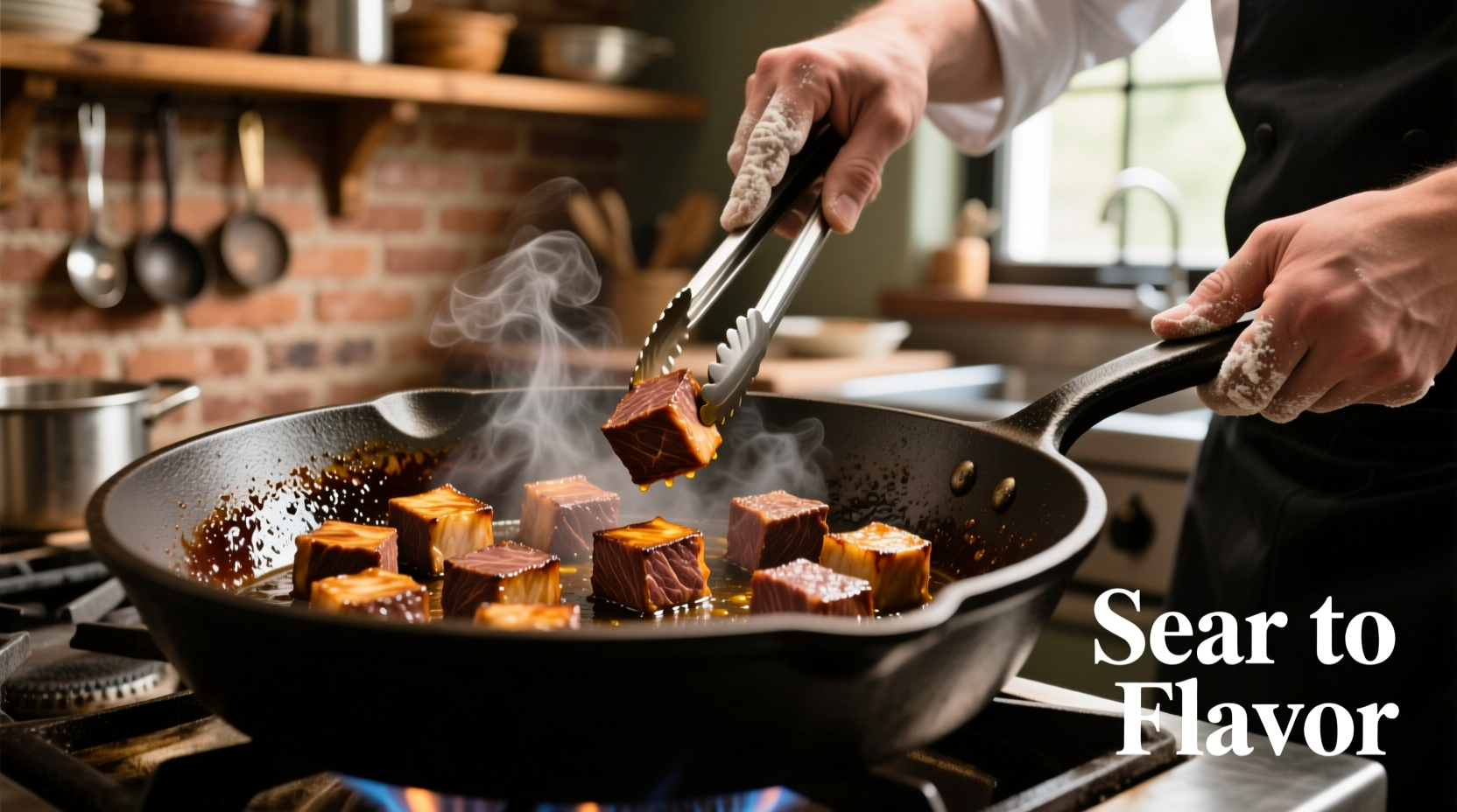 Chef browning beef cubes in cast iron pot