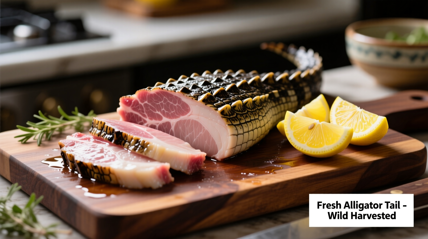 Fresh alligator tail meat on cutting board with lemon wedges