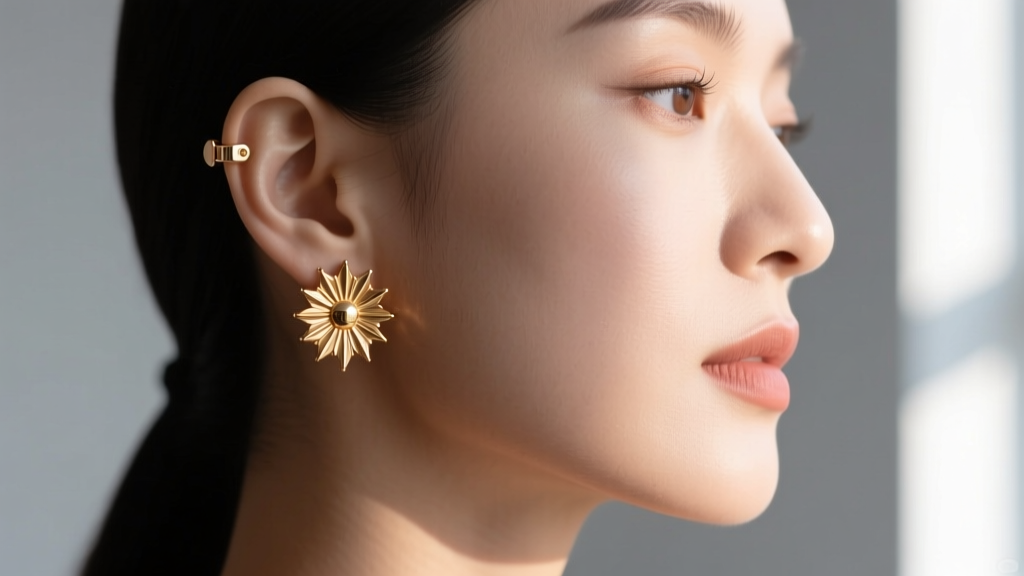 Side profile of a woman wearing 10k rose gold sunburst cluster earrings, highlighting the post thickness and secure friction back.