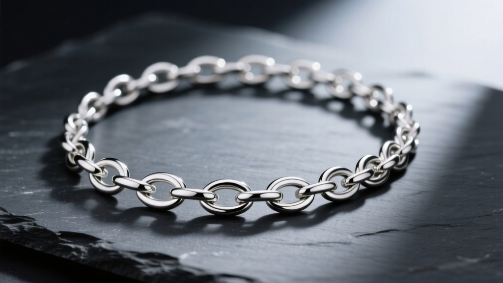 Polished 925 sterling silver S-link chain necklace resting on dark slate, highlighting interlocking curved links in soft lighting.