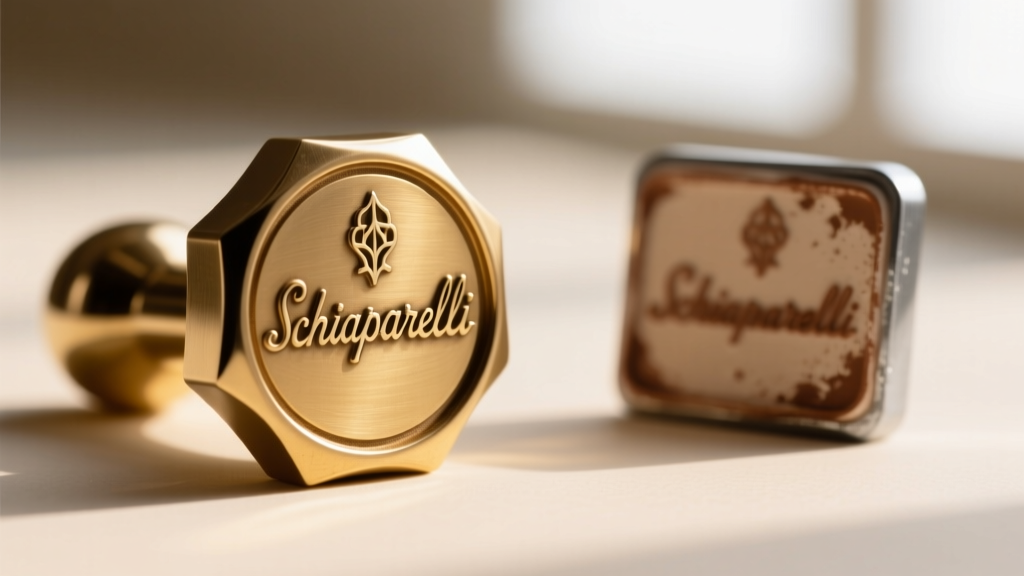 Extreme macro shot comparing a crisp, deeply stamped Schiaparelli hallmark on brass against a blurred, shallow counterfeit stamp