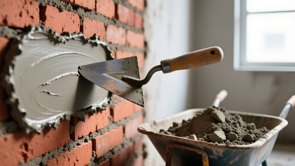 Close-up of a mason trowel applying gray Type S mortar to a red clay brick wall next to a wheelbarrow of coarse concrete mix