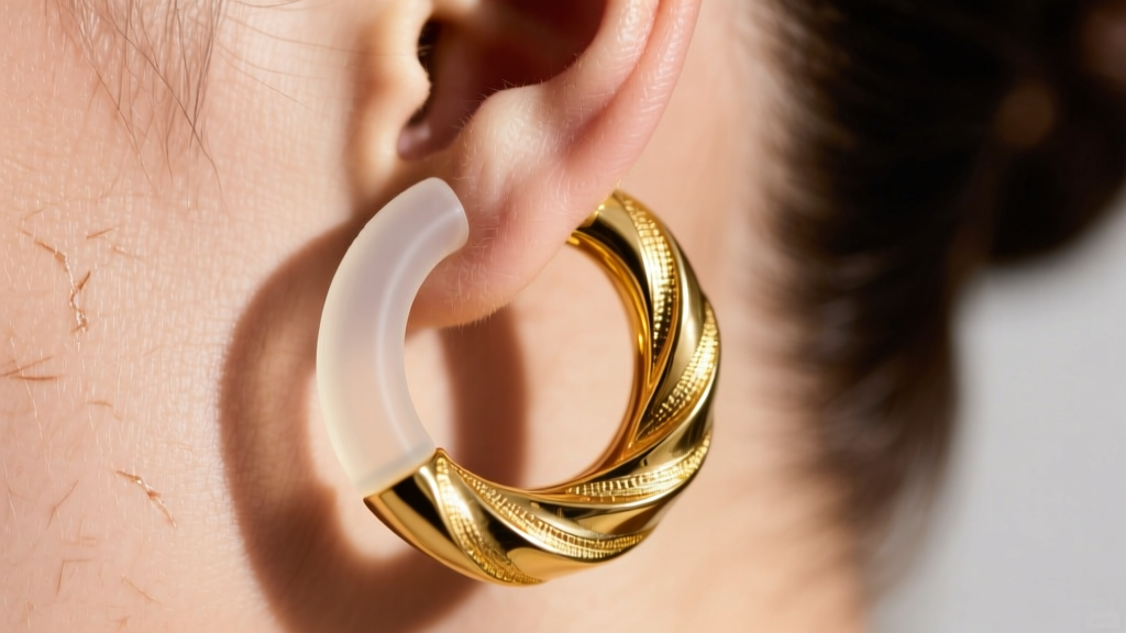Macro shot of a clear silicone support disc behind an earlobe holding up a heavy, oversized 14k gold vermeil statement hoop.