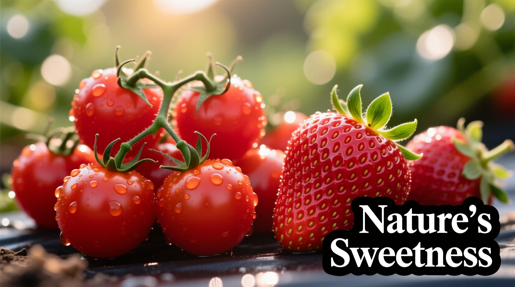 Close-up of cherry tomatoes next to actual strawberries