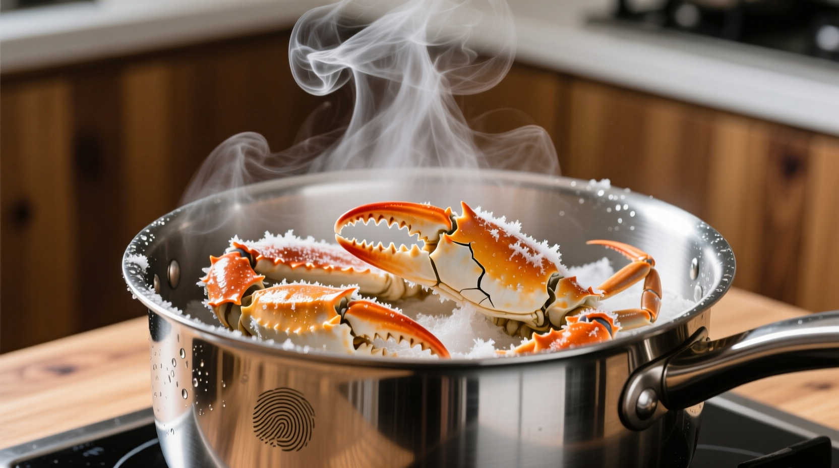 Steaming frozen crab legs in stainless steel pot