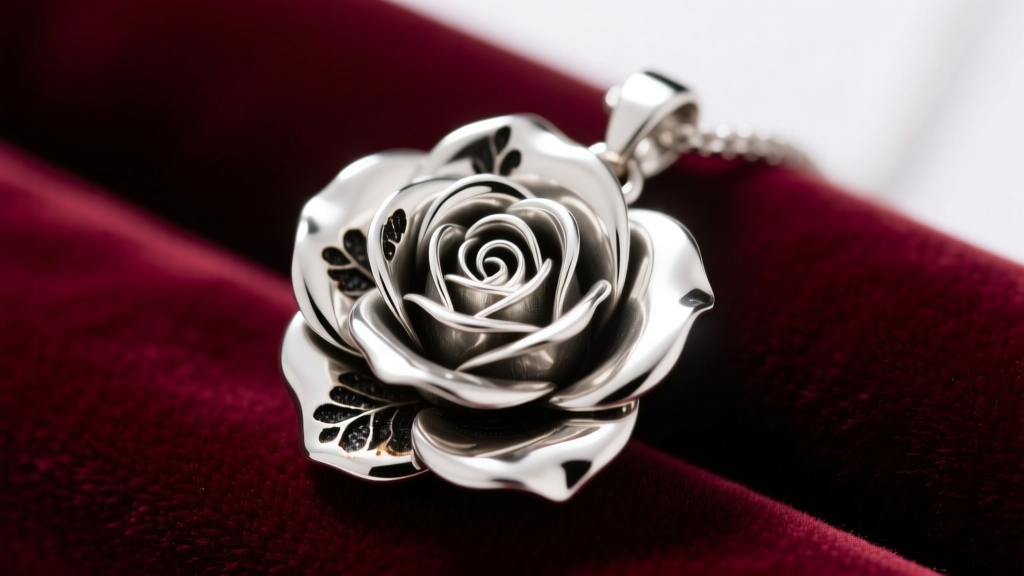Silver rose pendant on velvet, showing dark oxidation trapped inside intricate floral petal crevices under bright studio lighting.