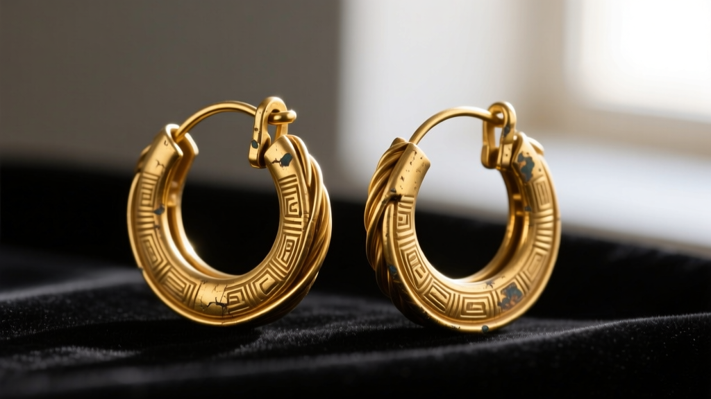 Macro photography of ancient Sumerian gold hoop earrings with thick 8-gauge wire and primitive latch closures on dark velvet.