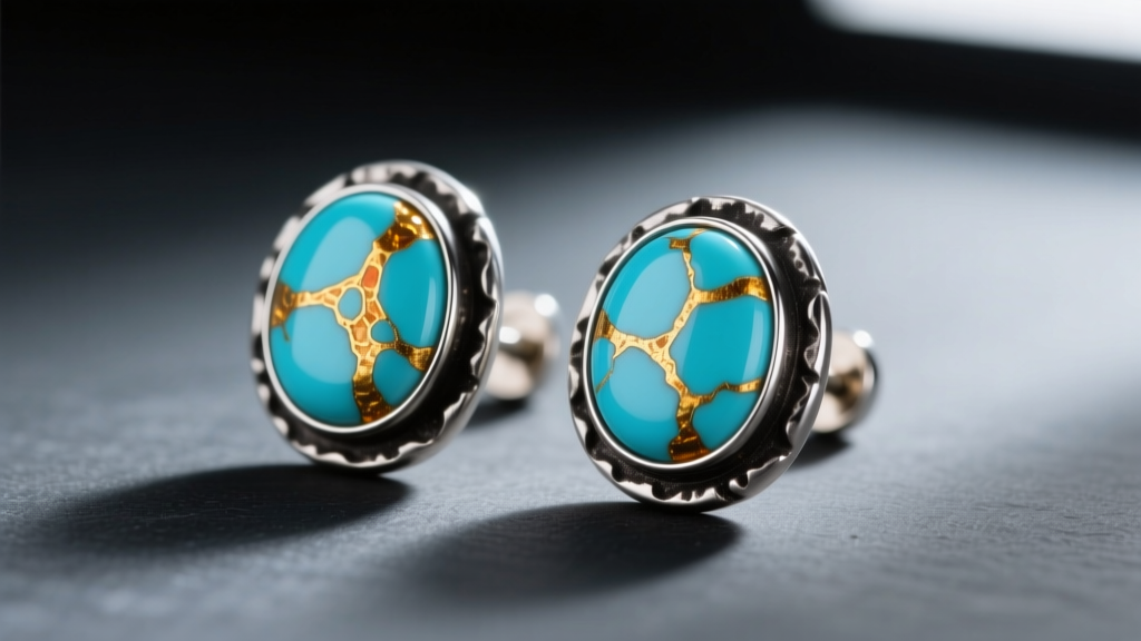 Close-up of Dry Creek turquoise stud earrings in oxidized silver bezels, showing pale blue stone with golden matrix on dark slate