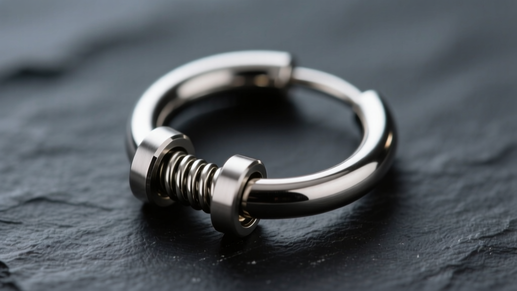 Macro shot of an 18-gauge titanium huggies earring clicker hinge mechanism, highlighted against a dark matte slate background.