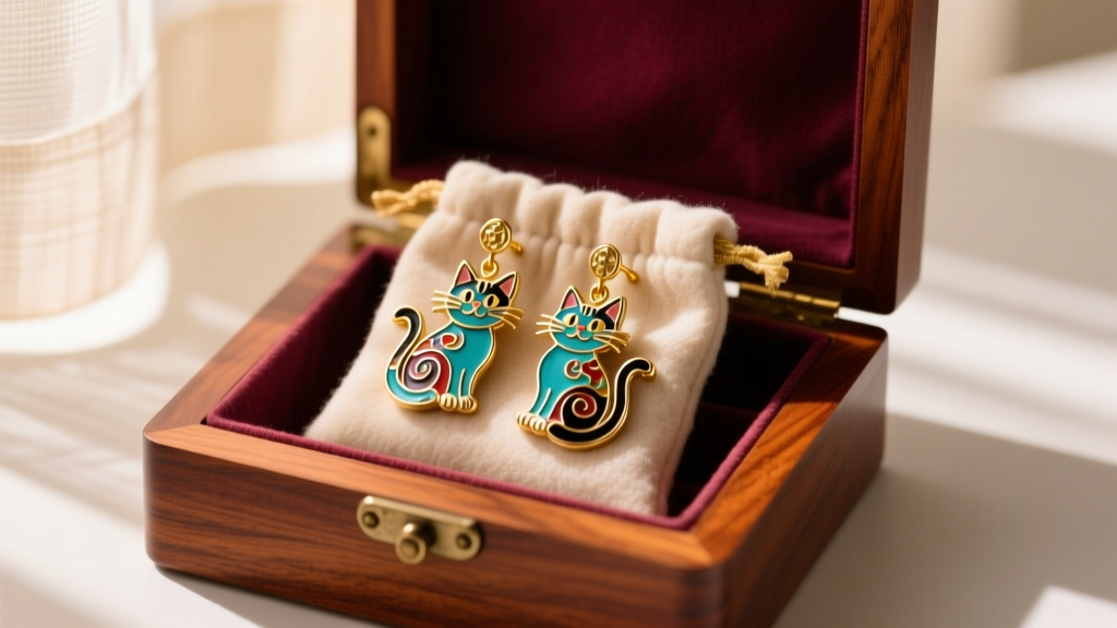 Laurel Burch cat earrings stored in anti-tarnish flannel pouches inside a softly lit, fabric-lined mahogany wooden jewelry box.