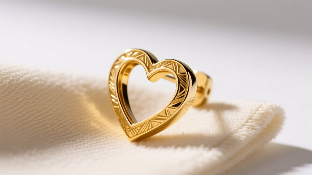 Macro shot of a 14k yellow gold heart earring resting on a microfiber cloth, illuminated by warm, directional studio lighting.
