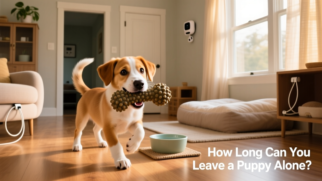 A confident, happy puppy chewing a durable toy inside a tidy, puppy-proofed living area with water and a comfy bed