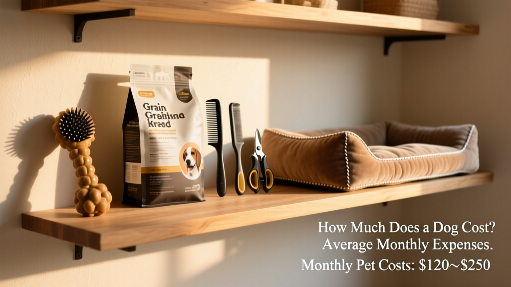 A neatly organized shelf displaying high-quality dog supplies: durable toys, grain-free kibble, grooming tools, and a soft orthopedic bed