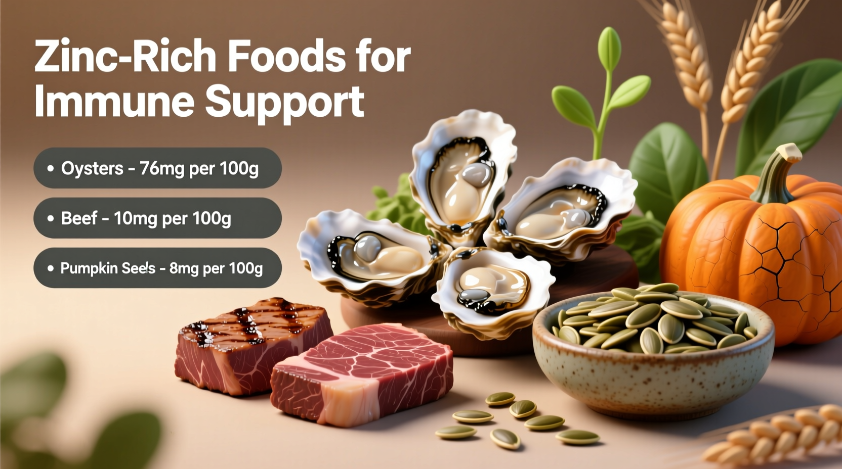 Variety of zinc-rich foods including oysters, beef, and pumpkin seeds