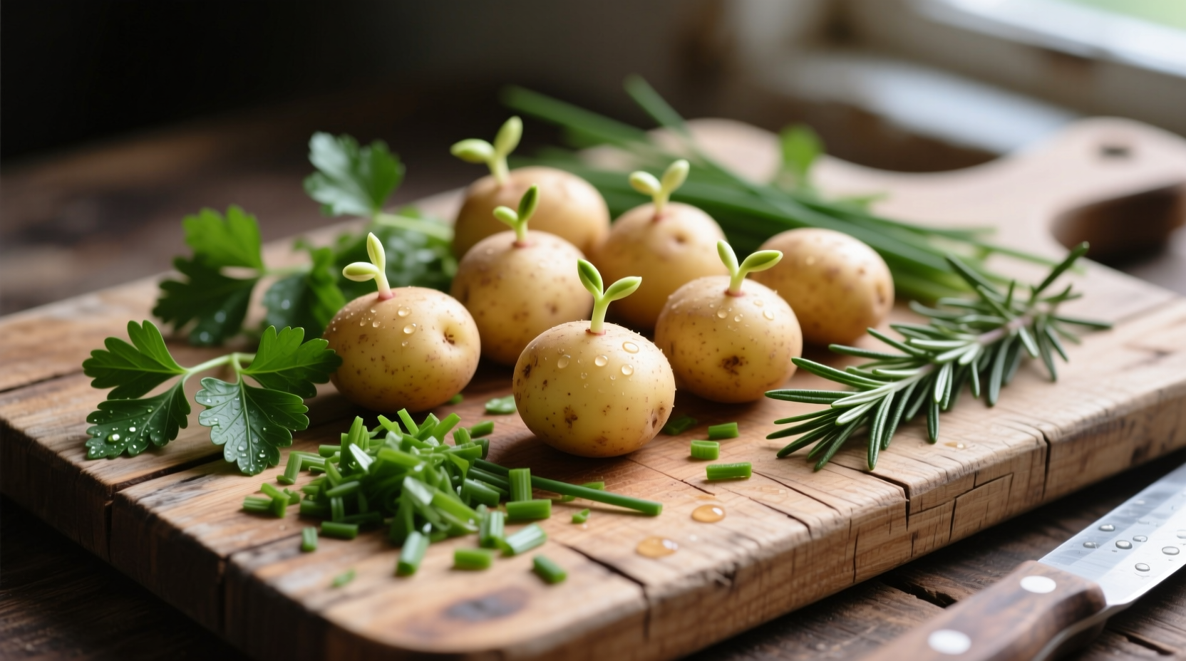Fresh new potatoes with herbs on wooden cutting board