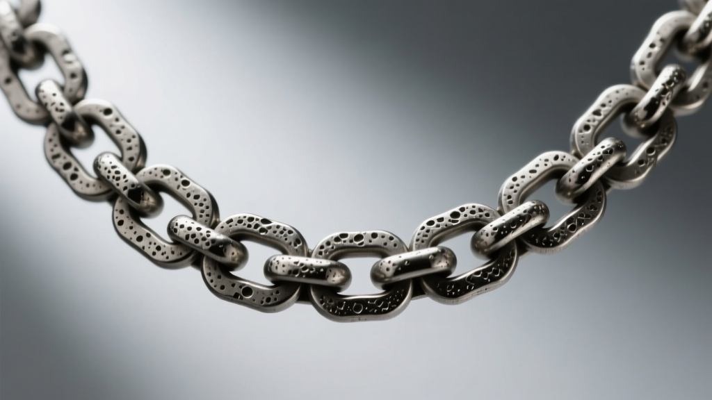 Macro shot of a sandblasted titanium chain necklace with a matte, gritty surface texture, illuminated by soft directional light.