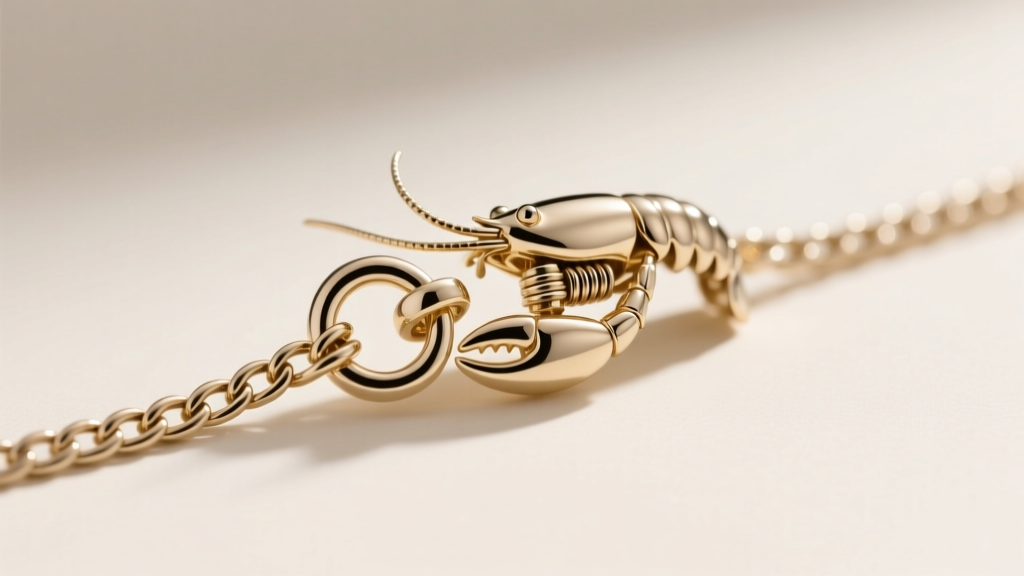 Close-up of a 14k white gold lobster clasp on a 1mm figaro chain, showing the tiny jump ring and spring mechanism detail.