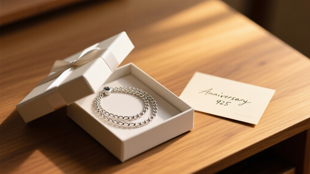 Open gift box revealing a layered 925 sterling silver chain necklace beside a handwritten anniversary card on a warm wooden desk.