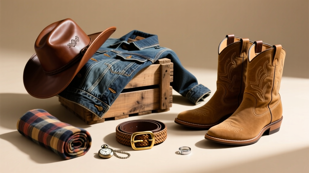 Flat lay of neo-Western men's jewelry featuring turquoise inlay silver hoop earrings resting on distressed brown leather next to a vintage bandana
