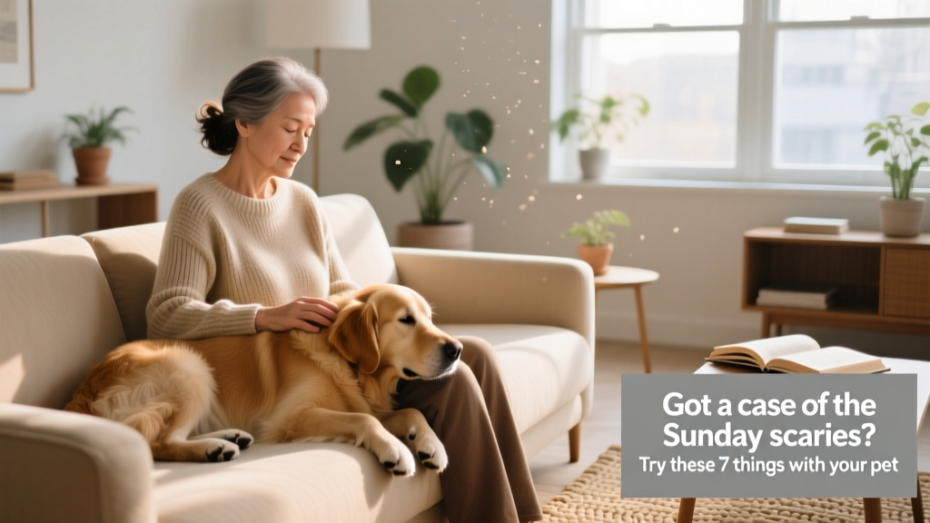 A person sitting on the couch with their dog, both looking relaxed and calm