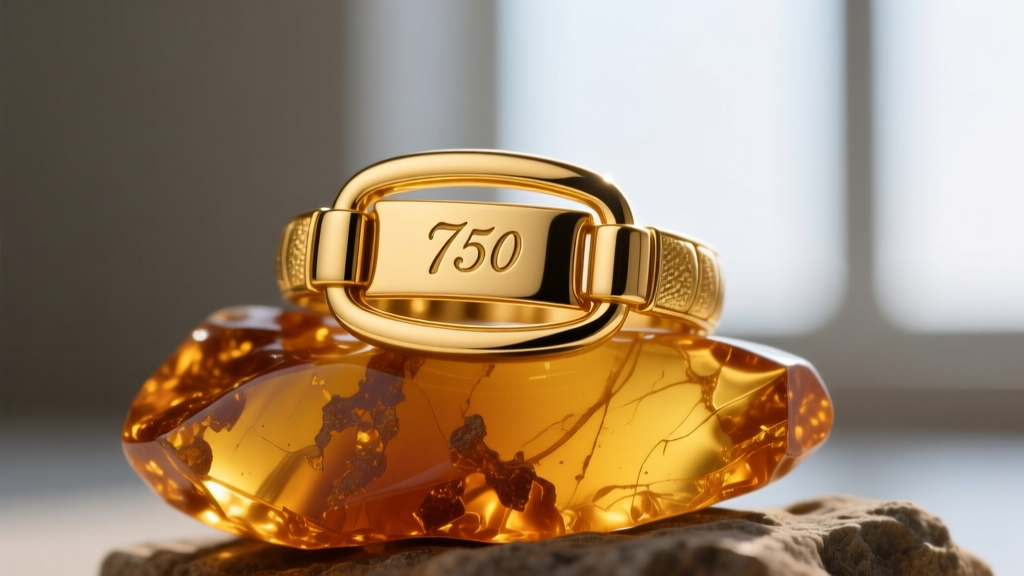 Extreme close-up of an 18k yellow gold lobster clasp stamped with a 750 hallmark resting on a piece of raw unpolished amber