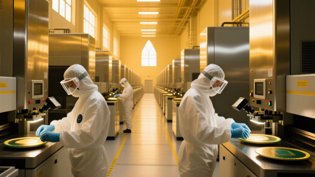 Massive semiconductor fabrication plant cleanroom with yellow lighting, engineers in bunny suits inspecting silicon wafers near EUV lithography machines