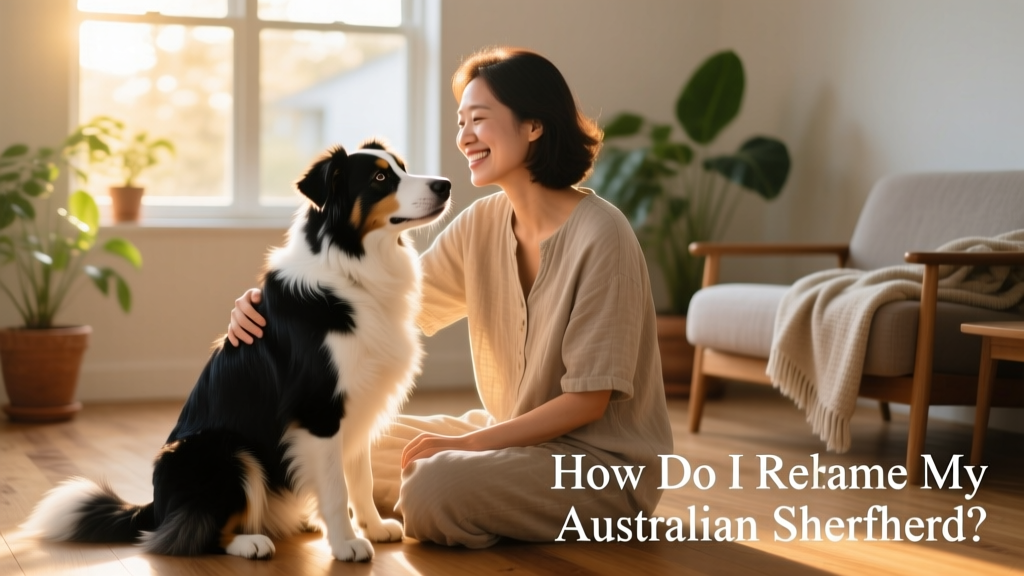 Australian Shepherd sitting calmly beside a smiling adult, showing trust and connection